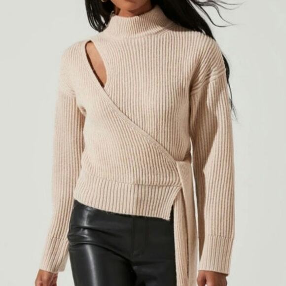 ASTR The Label Sora Mock Neck Cutout Tie Waist Sweater Cream Beige Size M - Picture 1 of 15
